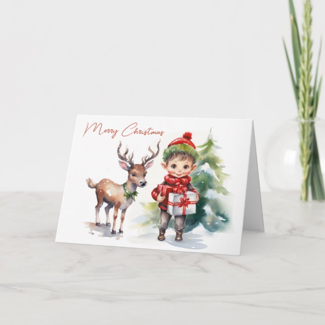 Cartes Pour Fêtes Annuelles Aquarelle Elfe de Noël et rennes (Devant)