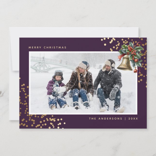 Cartes Pour Fêtes Annuelles Aquarelle en or violet Holly Bell Photo (Devant)