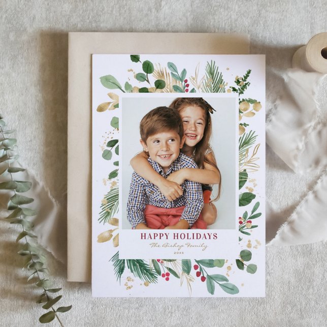 Cartes Pour Fêtes Annuelles Aquarelle et Faux Foil Végétation d'hiver Photo (Watercolor and Faux Gold Foil Winter Greenery Photo Happy Holidays Card)