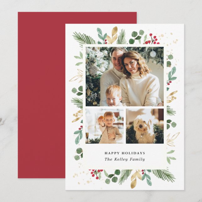 Cartes Pour Fêtes Annuelles Aquarelle Evergreens, Vert et Or, Trois photos (Devant / Derrière)