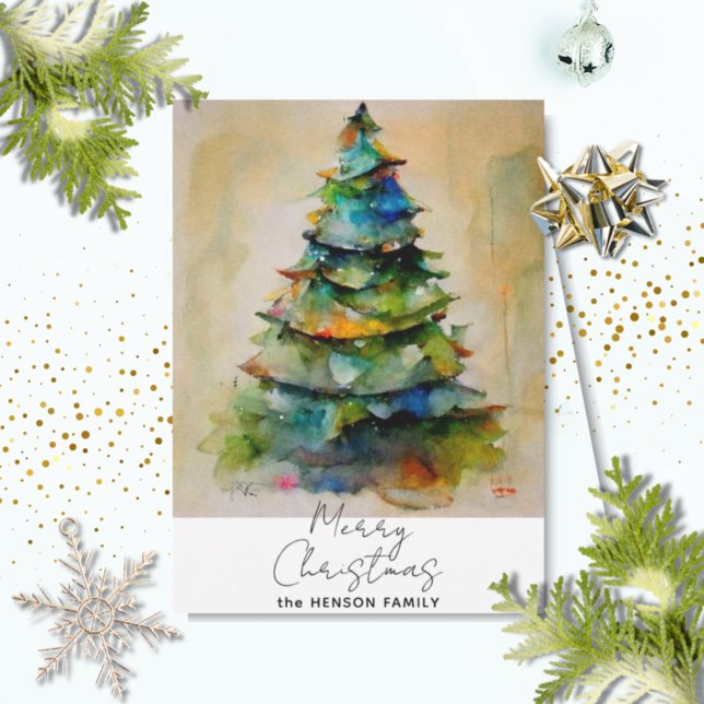 Cartes Pour Fêtes Annuelles Aquarelle Festive Arbre de Noël Artistique (Créateur téléchargé)