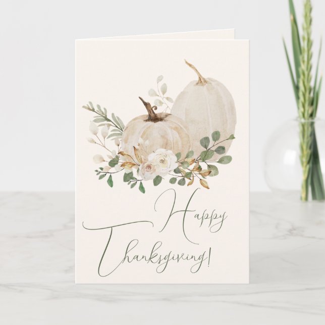 Cartes Pour Fêtes Annuelles Aquarelle Festive Blanc Citrouille Roses Thanksgiv (Devant)