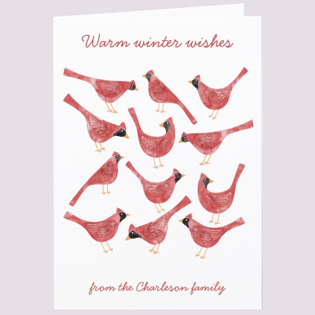 Cartes Pour Fêtes Annuelles Aquarelle Festive Cardinal Bird Personnalisée (Fun Cardinal bird red and white watercolor art personalized custom text holiday card)