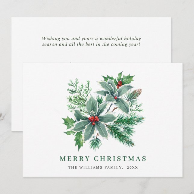 Cartes Pour Fêtes Annuelles Aquarelle Festive Holly Berry Salutation de Noël (Devant / Derrière)