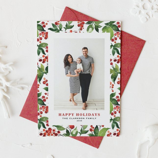 Cartes Pour Fêtes Annuelles Aquarelle Festive Verdure et Winterberry Photo (Watercolor Festive Greenery and Winterberry Photo Holiday Card)