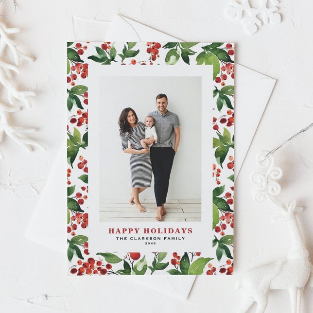 Cartes Pour Fêtes Annuelles Aquarelle Festive Verdure et Winterberry Photo (Watercolor Festive Greenery and Winterberry Photo Merry Christmas Postcard)