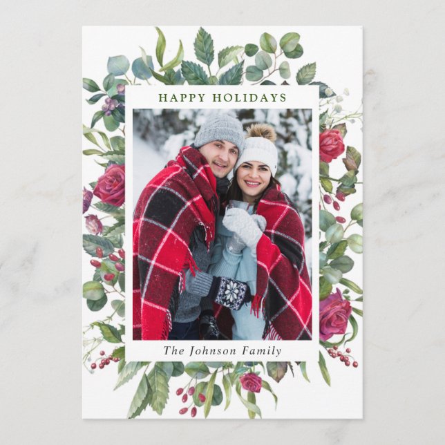 Cartes Pour Fêtes Annuelles Aquarelle Fleurs d'hiver Feuillage de Noël PHOTO (Devant)