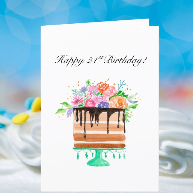 Cartes Pour Fêtes Annuelles Aquarelle Floral Cake Joyeux 21ème anniversaire (Créateur téléchargé)