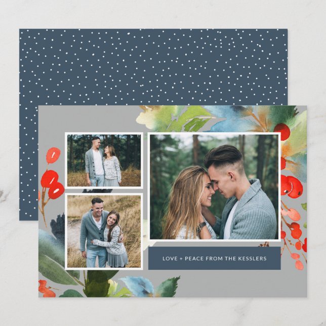 Cartes Pour Fêtes Annuelles Aquarelle Floral Noël 3 Photo Collage | Gris (Devant / Derrière)