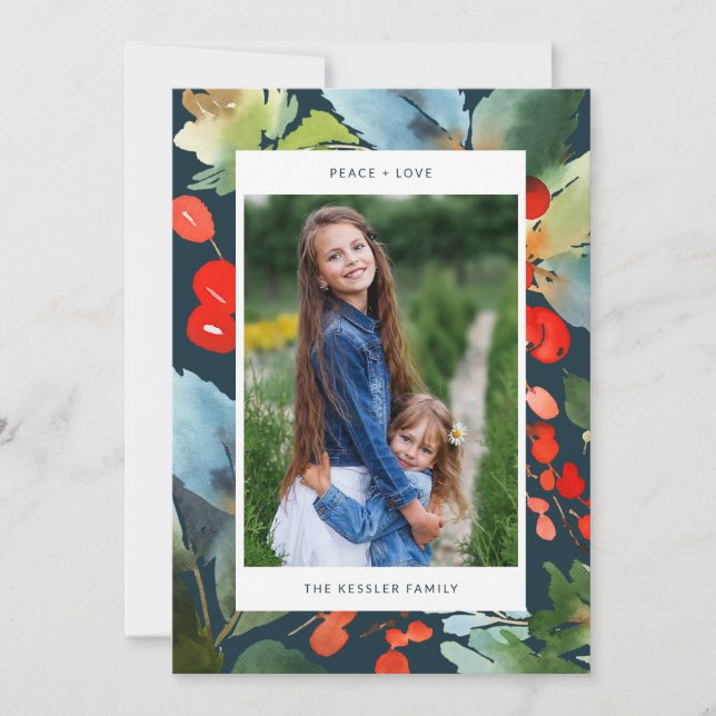 Cartes Pour Fêtes Annuelles Aquarelle Floral Noël Stylé Deux Photo Bleu (Devant)