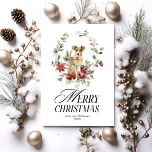 Cartes Pour Fêtes Annuelles Aquarelle Florale avec chien Joyeux Noël