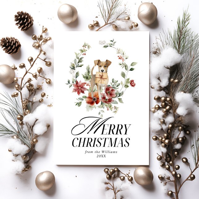 Cartes Pour Fêtes Annuelles Aquarelle Florale avec chien Joyeux Noël (Créateur téléchargé)