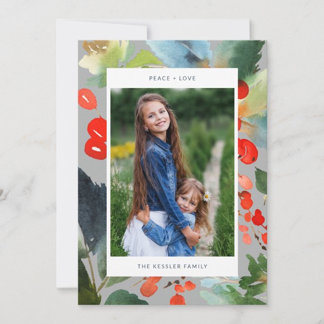 Cartes Pour Fêtes Annuelles Aquarelle florale Noël élégant deux photo gris (Devant)