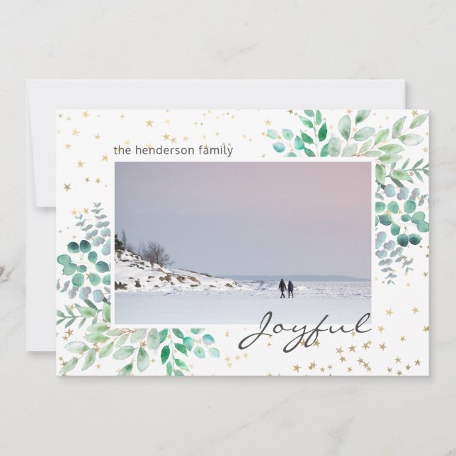 Cartes Pour Fêtes Annuelles Aquarelle Foliage Photo Gold Stars Noël (Devant)
