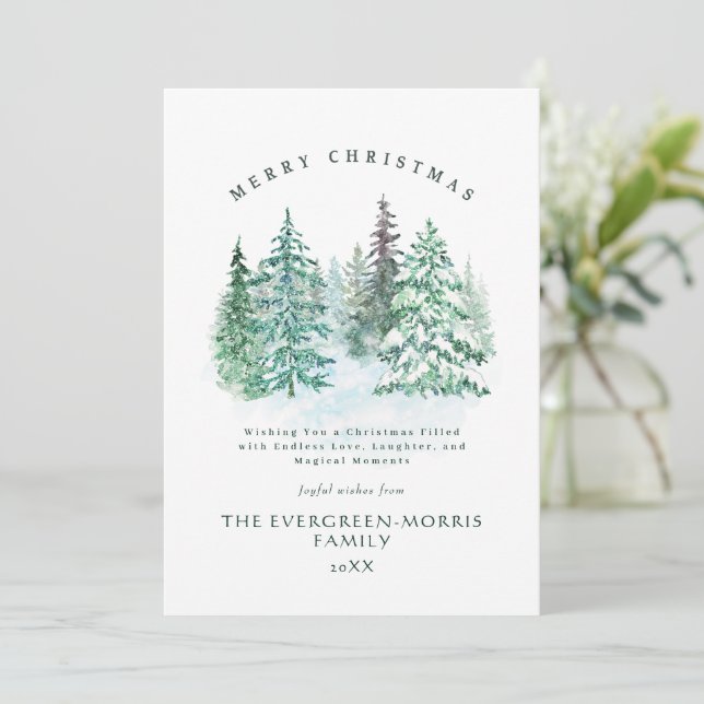 Cartes Pour Fêtes Annuelles Aquarelle forêt à feuillage persistant Joyeux Noël (Debout devant)