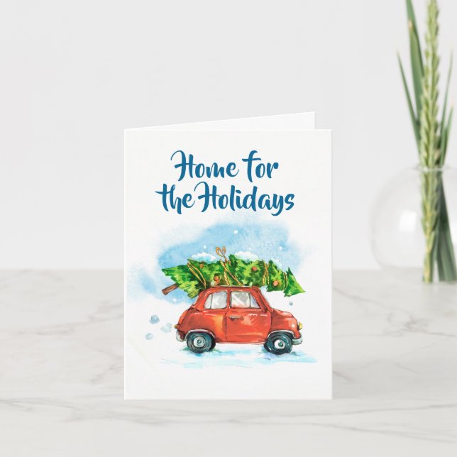 Cartes Pour Fêtes Annuelles Aquarelle Fraîche de Noël, voiture rouge, (Devant)