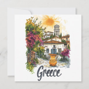 Cartes Pour Fêtes Annuelles Aquarelle Grèce : Scène de village avec fleurs