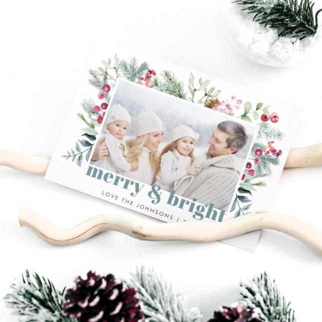 Cartes Pour Fêtes Annuelles Aquarelle Greens Holly Berry Photo (Créateur téléchargé)