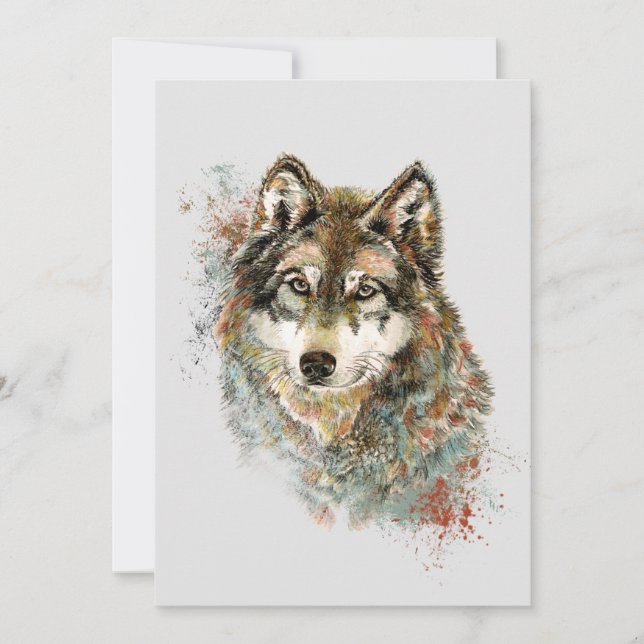 Cartes Pour Fêtes Annuelles Aquarelle Gris Loup Faune Animal Nature Art (Devant)