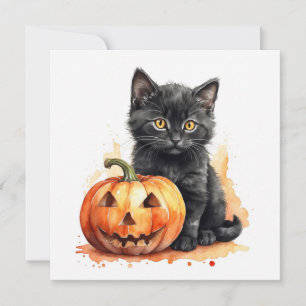 Cartes Pour Fêtes Annuelles Aquarelle Halloween Chat noir avec Citrouille