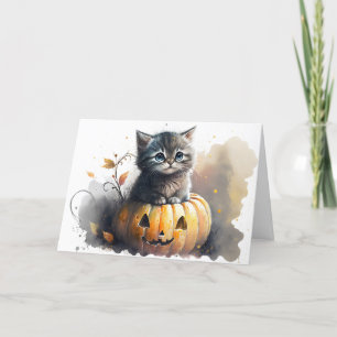 Cartes Pour Fêtes Annuelles Aquarelle Halloween Kitten dans un Jack-o-lanterne