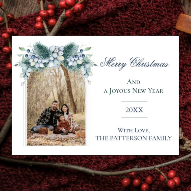 Cartes Pour Fêtes Annuelles Aquarelle Hiver Floral Boho Arch Photo | BLANCHE (White Watercolor Winter Floral Arch Photo Christmas Card)