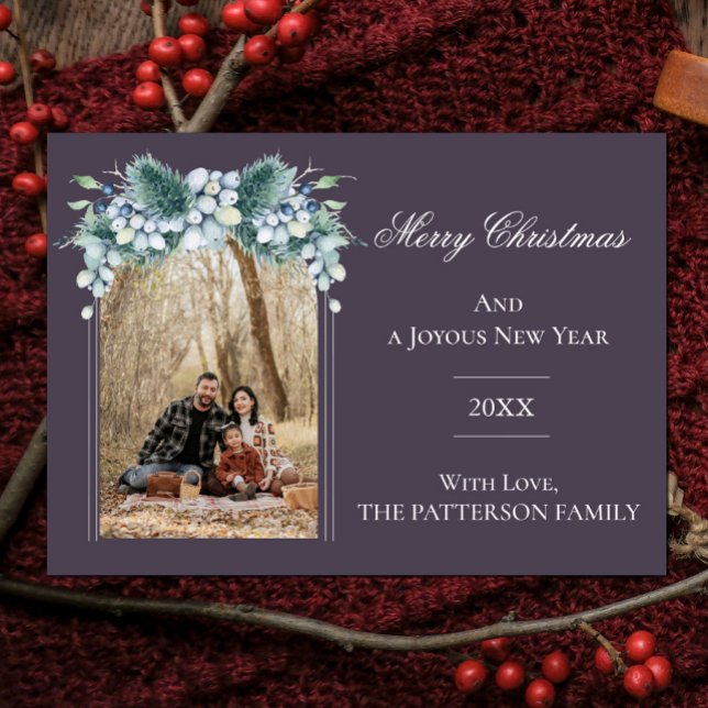 Cartes Pour Fêtes Annuelles Aquarelle Hiver Floral Boho Arch Photo | Pourpre (Purple Watercolor Winter Floral Arch Photo Christmas Card)