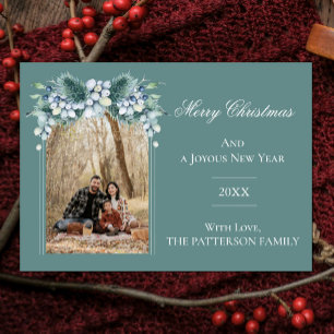 Cartes Pour Fêtes Annuelles Aquarelle Hiver Floral Boho Arch Photo   Sarcelle