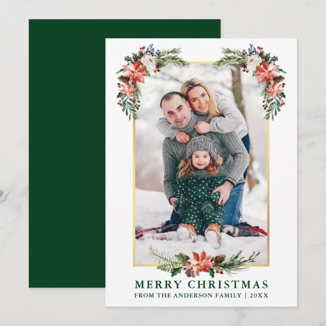 Cartes Pour Fêtes Annuelles Aquarelle Hiver Floral Gold Frame Photo Vert (Devant / Derrière)