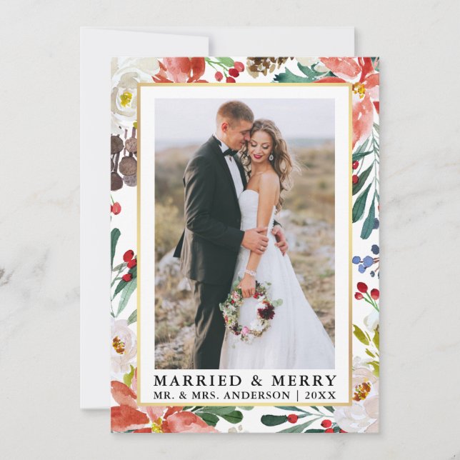 Cartes Pour Fêtes Annuelles Aquarelle hiver Floral Marié et Joyeux (Devant)