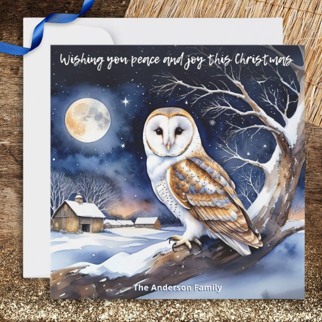 Cartes Pour Fêtes Annuelles Aquarelle hiver Neige Nature Nacre Chouette Noël (A Christmas card with picture of a beautiful barn owl in snowy countryside, in a watercolor style)