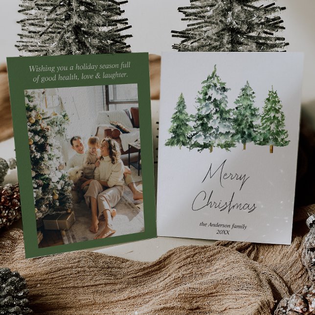 Cartes Pour Fêtes Annuelles Aquarelle Hiver Pins de neige Arbres Photo Noël (Créateur téléchargé)