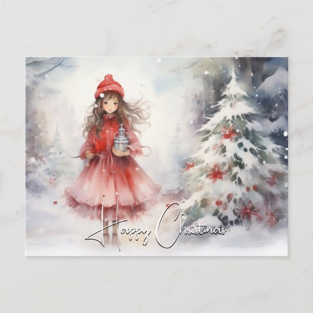 Cartes Pour Fêtes Annuelles Aquarelle hiver Wonderland Noël Sprée rouge (Devant)