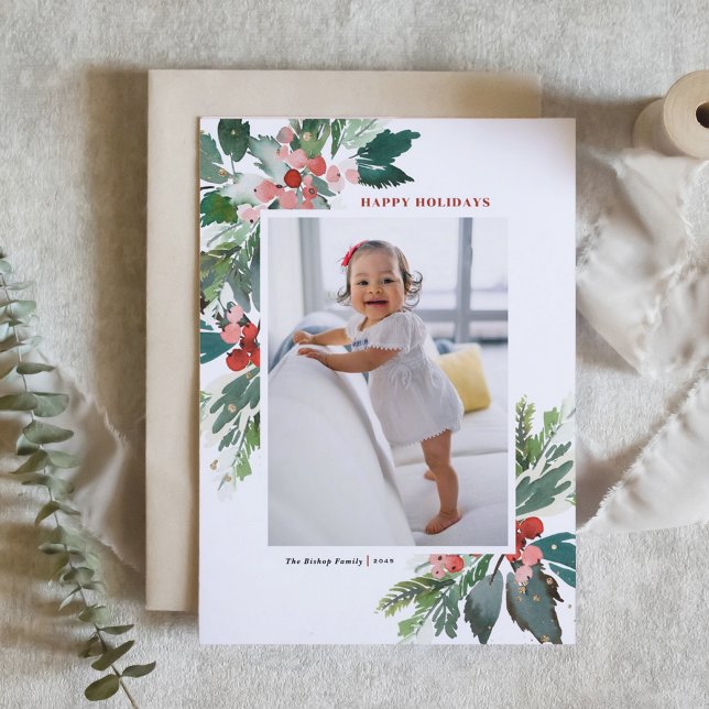 Cartes Pour Fêtes Annuelles Aquarelle Hollies avec Faux Gold Foil Photo (Watercolor Holly and Winter Greenery Photo Happy Holidays Card)