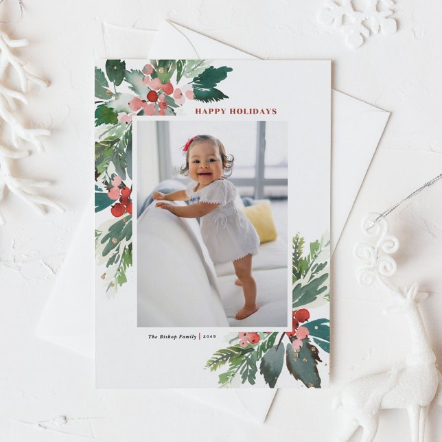 Cartes Pour Fêtes Annuelles Aquarelle Hollies avec Faux Gold Foil Photo (Watercolor Holly and Winter Greenery Photo Happy Holidays Postcard)