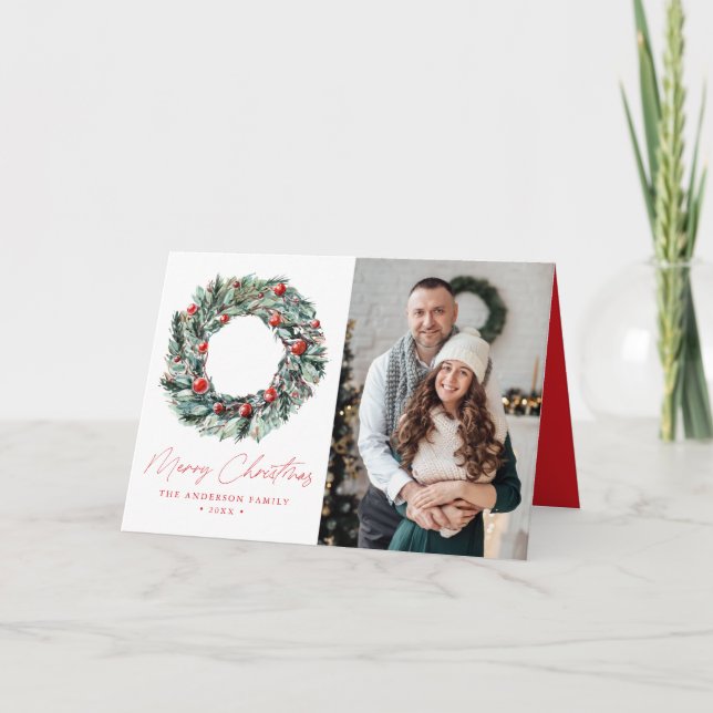 Cartes Pour Fêtes Annuelles Aquarelle Holly Berry & Green Wreath 2 Photo (Devant)