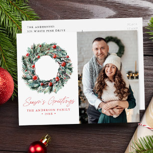 Cartes Pour Fêtes Annuelles Aquarelle Holly Berry & Green Wreath 2 Photo