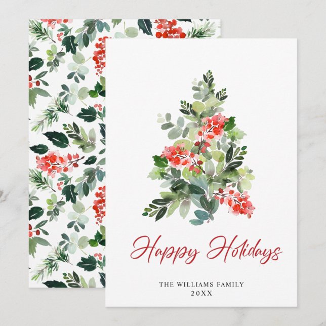 Cartes Pour Fêtes Annuelles Aquarelle Holly Berry Noël Arbre Salutation (Devant / Derrière)