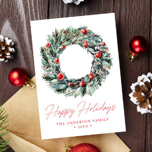 Cartes Pour Fêtes Annuelles Aquarelle Holly Berry & Verdure Wreath Non Photo