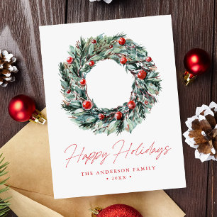 Cartes Pour Fêtes Annuelles Aquarelle Holly Berry & Verdure Wreath Non Photo