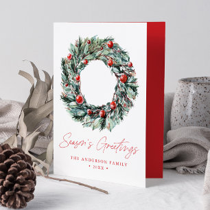 Cartes Pour Fêtes Annuelles Aquarelle Holly Berry & Verdure Wreath Non Photo