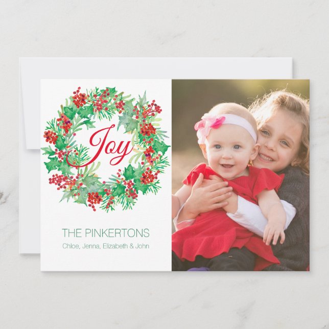 Cartes Pour Fêtes Annuelles Aquarelle Holly Berry Wreath Joie Photo de famille (Devant)