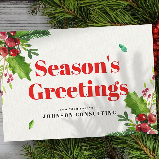 Cartes Pour Fêtes Annuelles Aquarelle Holly Foliage | BONNES FÊTES (Créateur téléchargé)