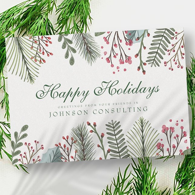 Cartes Pour Fêtes Annuelles Aquarelle Holly Foliage | Salutations (Créateur téléchargé)