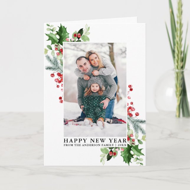 Cartes Pour Fêtes Annuelles Aquarelle Holly Green Photo Nouveau An Plier (Devant)