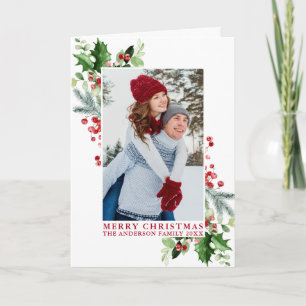 Cartes Pour Fêtes Annuelles Aquarelle Holly Greenery Photo Red Pold