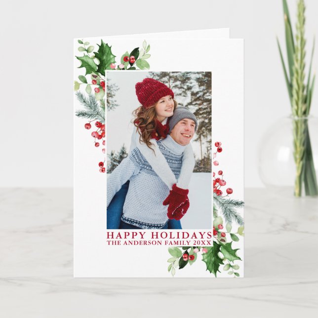 Cartes Pour Fêtes Annuelles Aquarelle Holly Greenery Photo Rouge Plié (Devant)