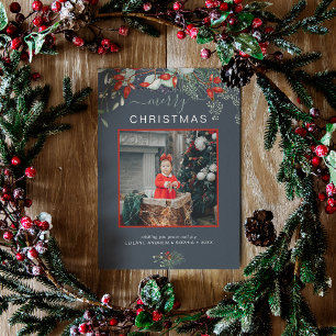 Cartes Pour Fêtes Annuelles Aquarelle Holly Joyeux Noël Photo Dusty Blue