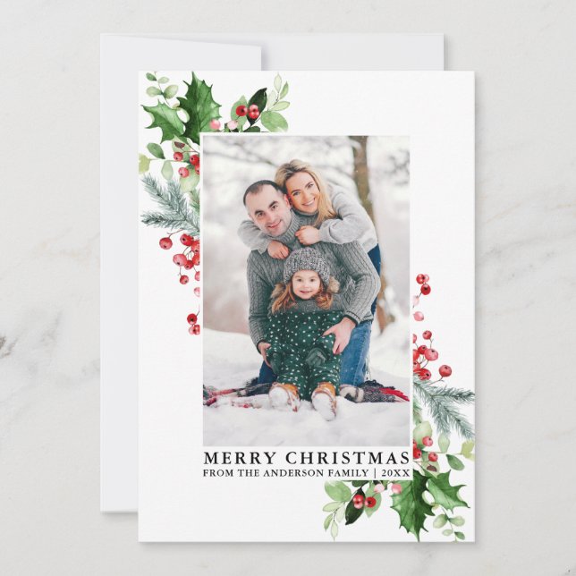Cartes Pour Fêtes Annuelles Aquarelle Holly Noël Green Photo de famille (Devant)