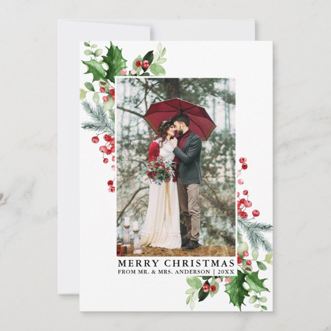 Cartes Pour Fêtes Annuelles Aquarelle Holly Noël Vert Mariage Photo (Devant)